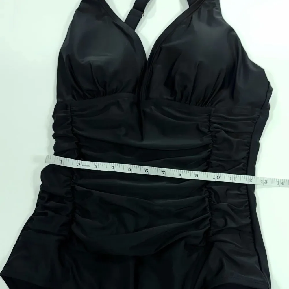 Black Halter One-Piece Swimsuit with ruched waist L